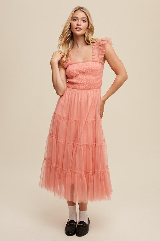 Listicle Smocked Ruffle Tiered Mesh Maxi Dress