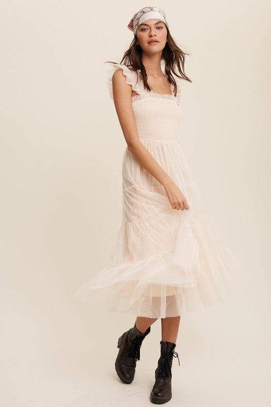 Listicle Smocked Ruffle Tiered Mesh Maxi Dress