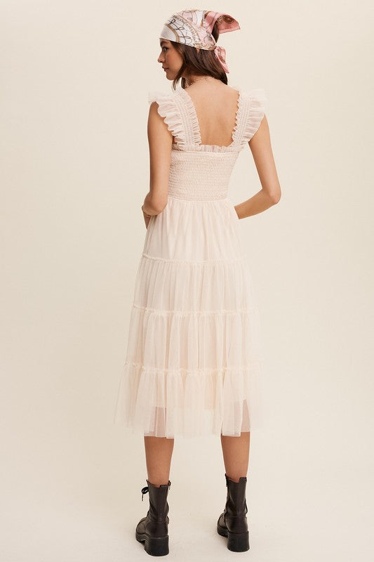 Listicle Smocked Ruffle Tiered Mesh Maxi Dress