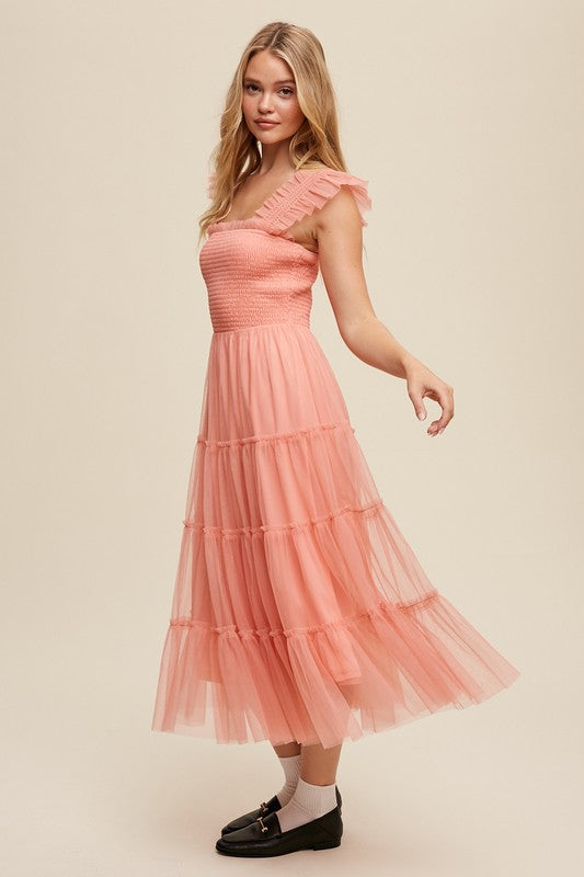 Listicle Smocked Ruffle Tiered Mesh Maxi Dress