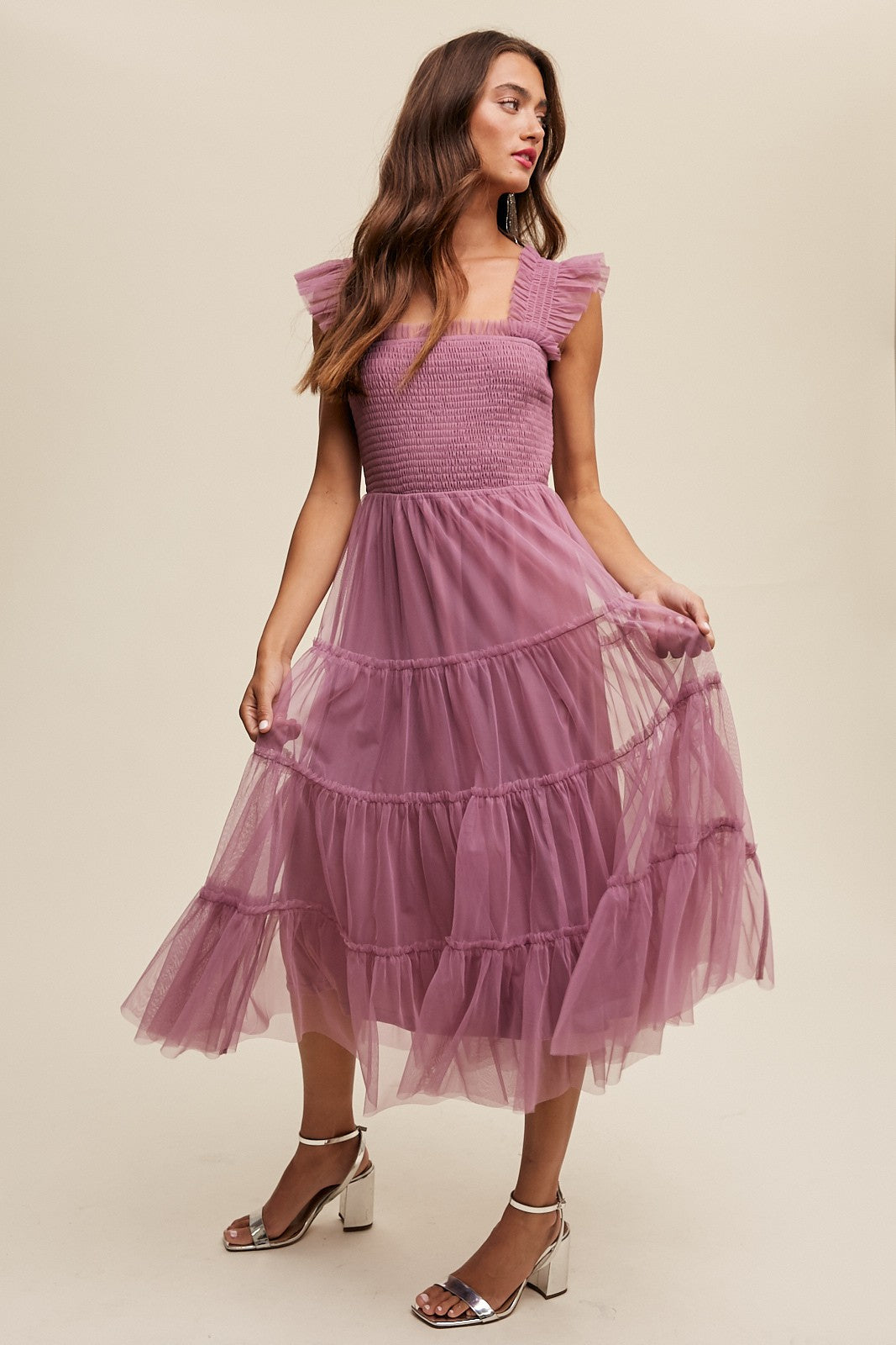 Listicle Smocked Ruffle Tiered Mesh Midi Dress