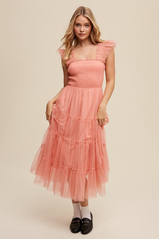 Listicle Smocked Ruffle Tiered Mesh Maxi Dress