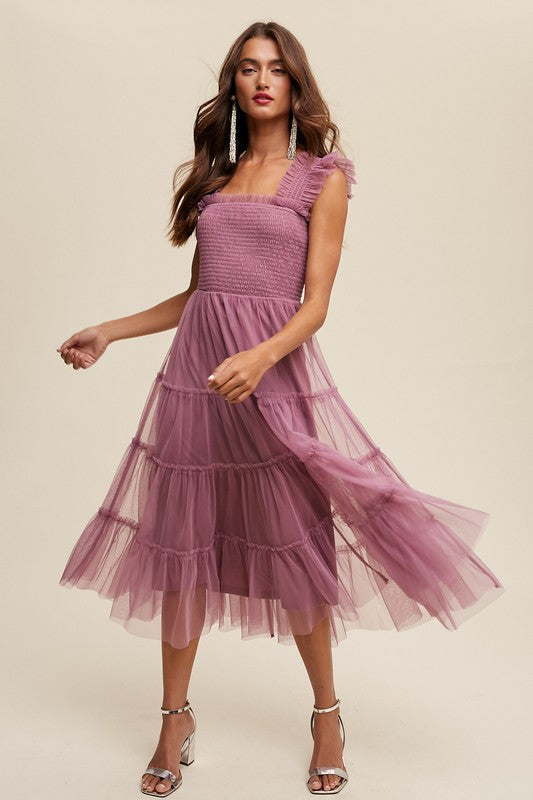 Listicle Smocked Ruffle Tiered Mesh Maxi Dress