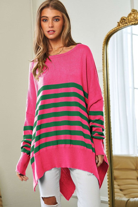 Davi & Dani Loose Fit Multi Striped Elbow Patch Sweater