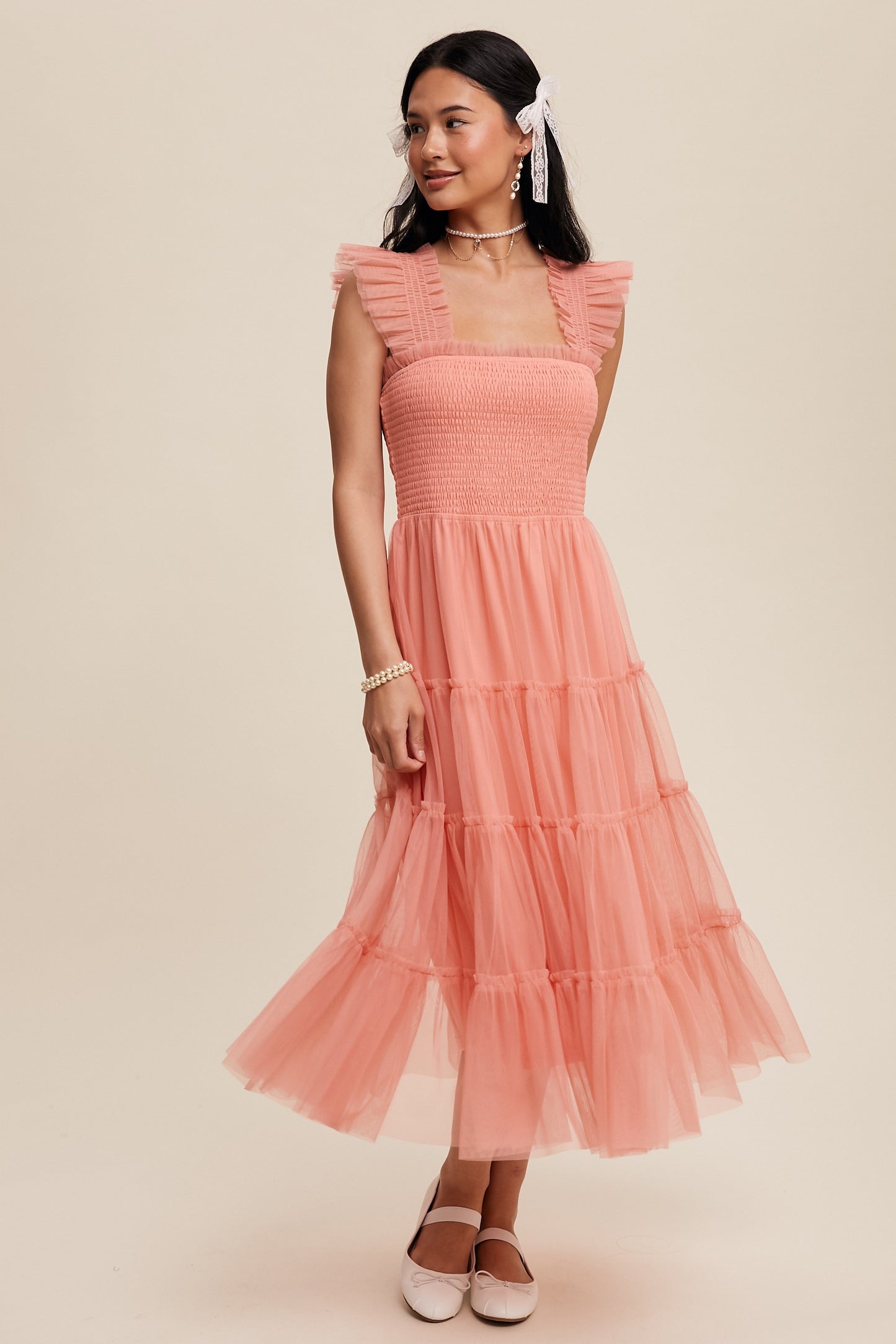 Listicle Smocked Ruffle Tiered Mesh Midi Dress