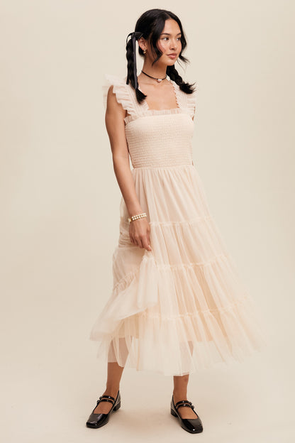 Listicle Smocked Ruffle Tiered Mesh Midi Dress