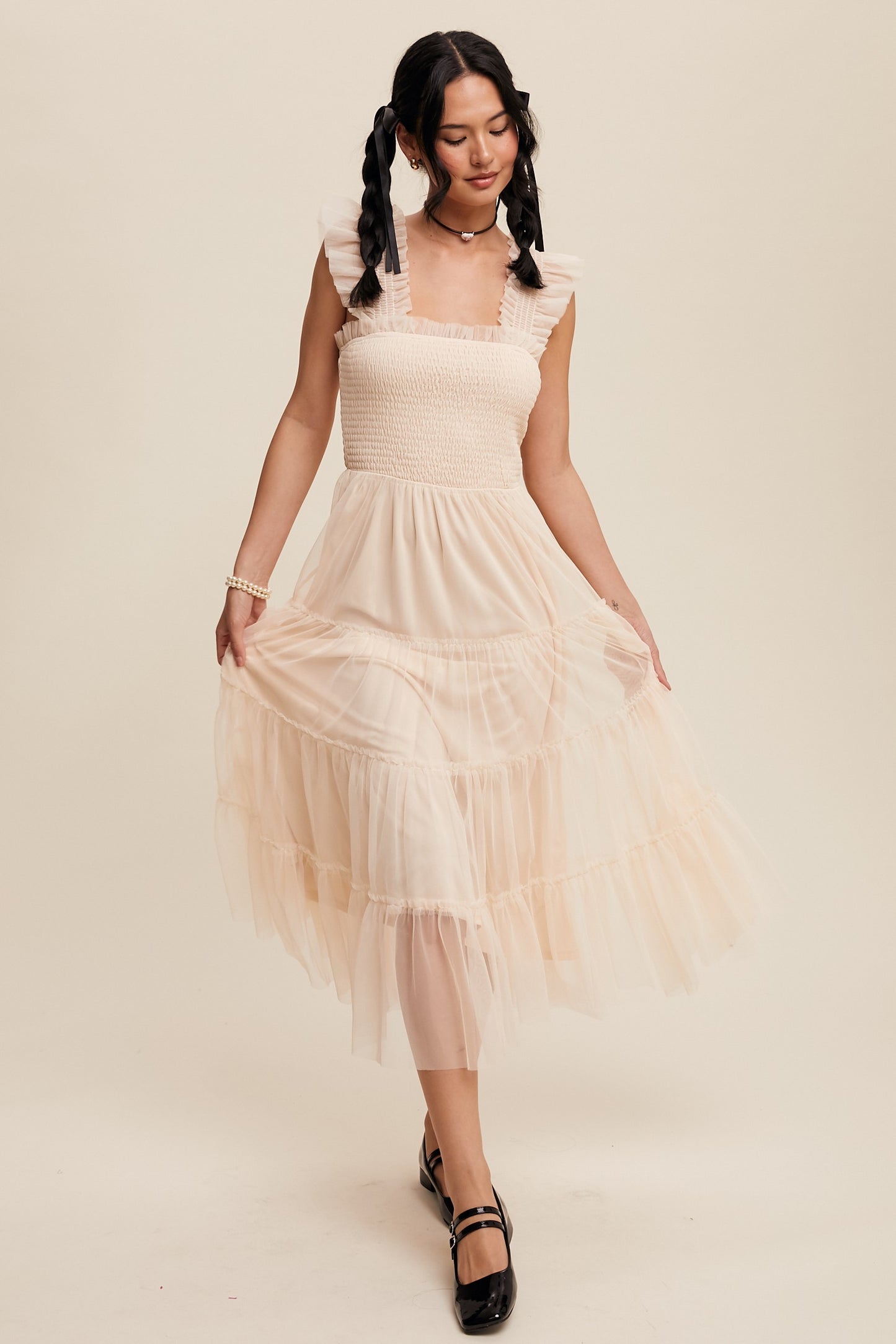 Listicle Smocked Ruffle Tiered Mesh Midi Dress