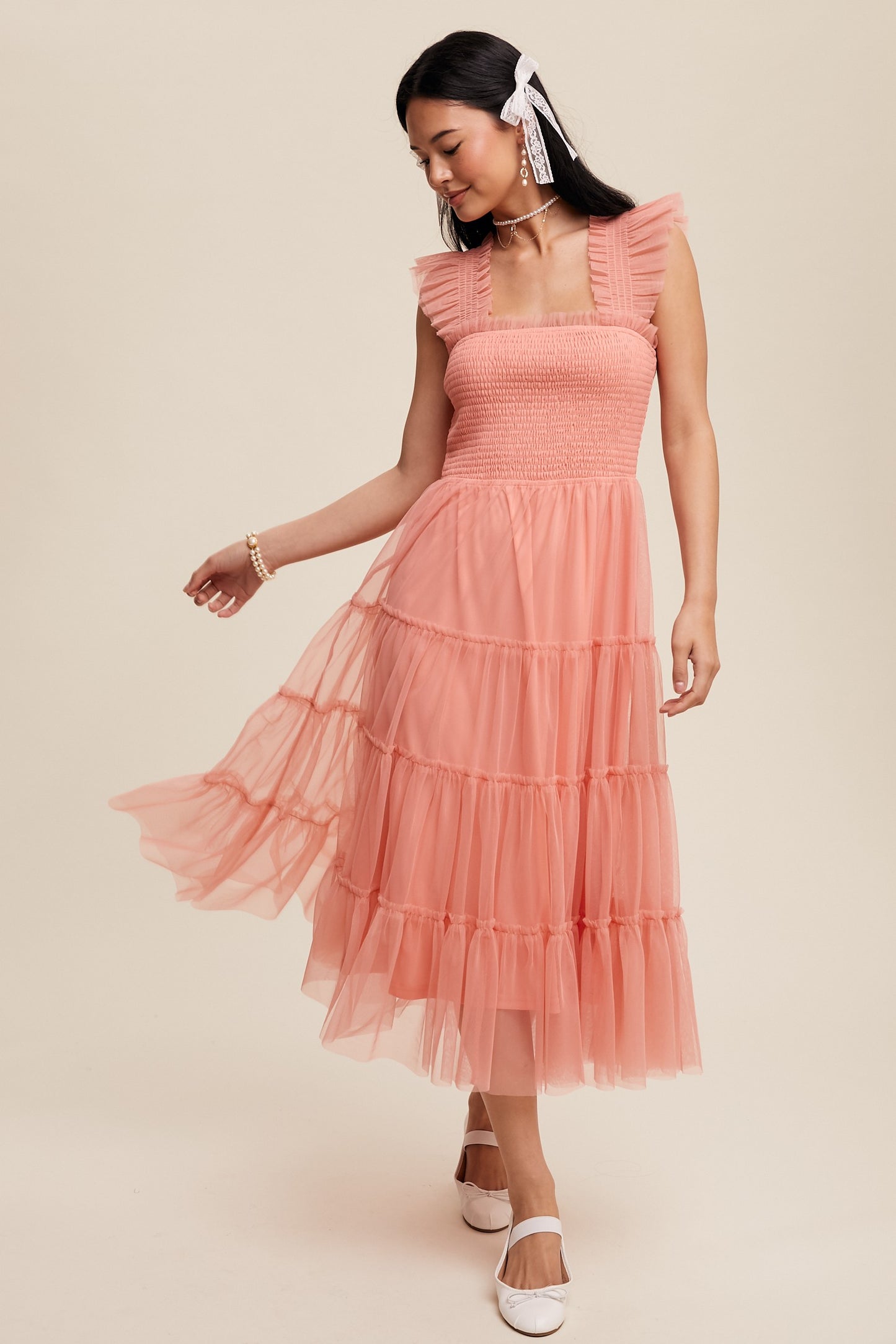 Listicle Smocked Ruffle Tiered Mesh Midi Dress