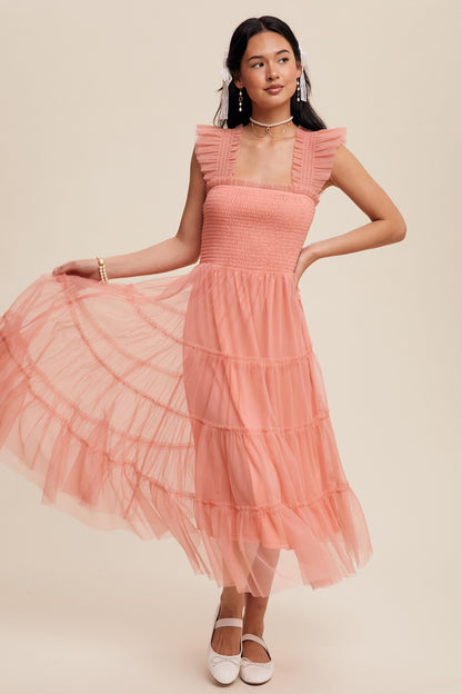 Listicle Smocked Ruffle Tiered Mesh Midi Dress