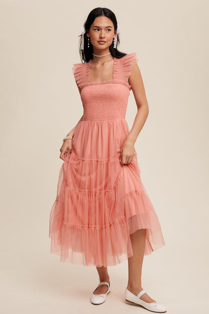 Listicle Smocked Ruffle Tiered Mesh Midi Dress