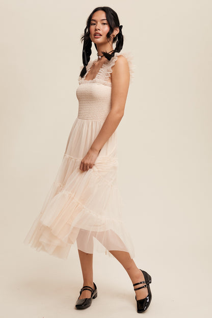 Listicle Smocked Ruffle Tiered Mesh Midi Dress