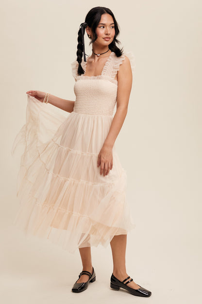 Listicle Smocked Ruffle Tiered Mesh Midi Dress