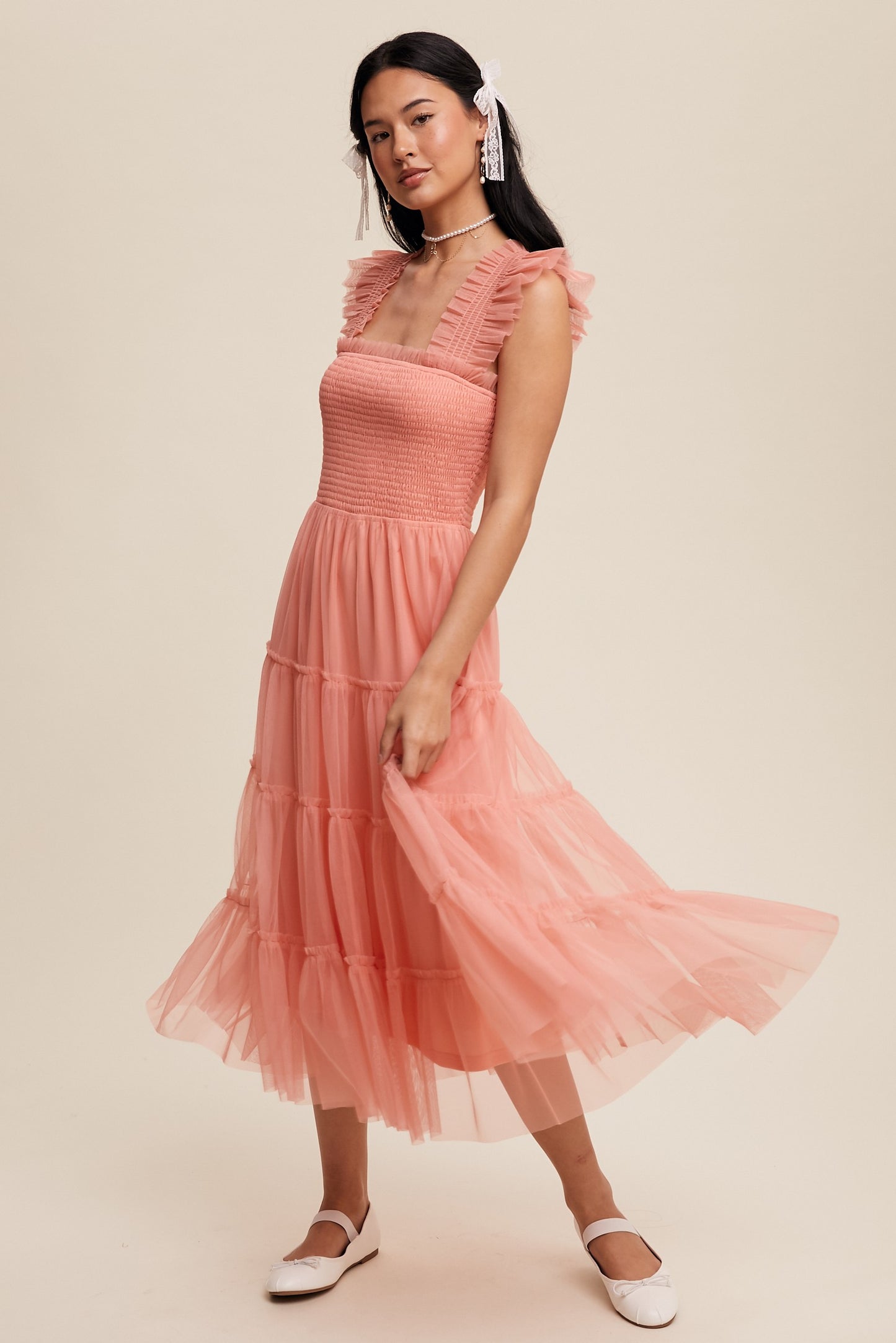 Listicle Smocked Ruffle Tiered Mesh Midi Dress