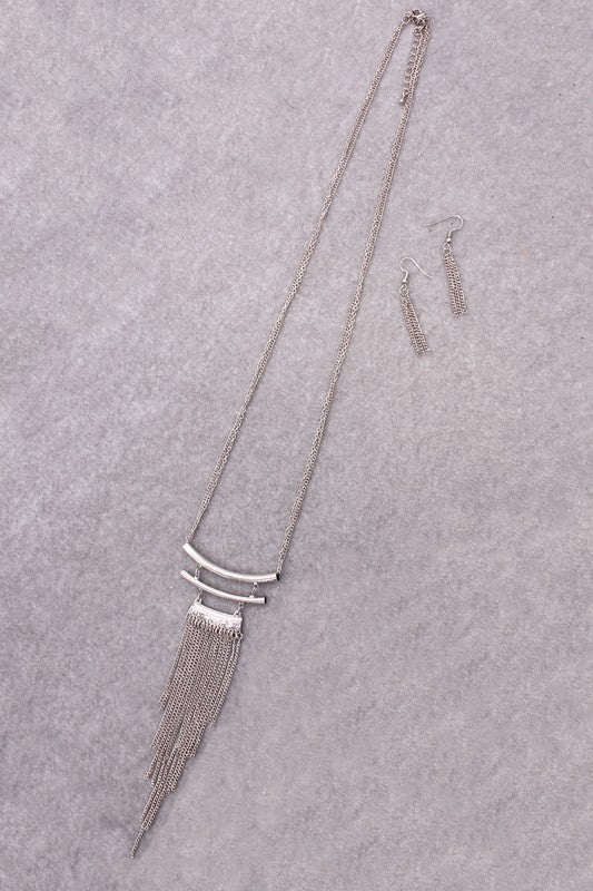 Metal Tassel Drop Necklace and Earring Set