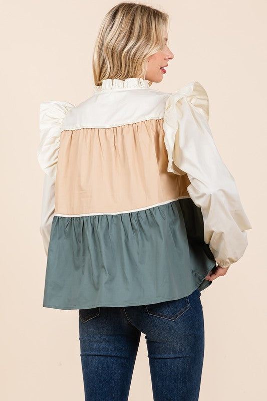 GeeGee Poplin Tiered Color Block Blouse