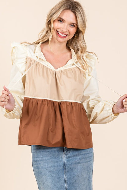 GeeGee Poplin Tiered Color Block Blouse