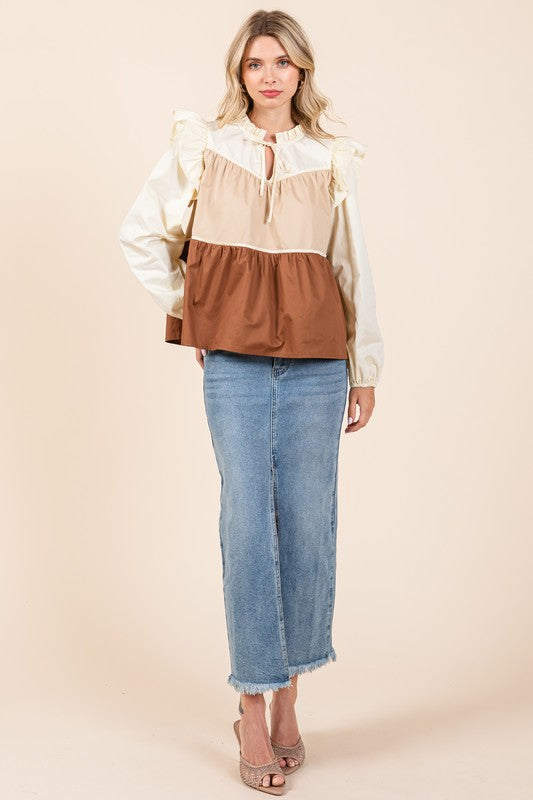 GeeGee Poplin Tiered Color Block Blouse