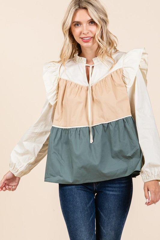 GeeGee Poplin Tiered Color Block Blouse