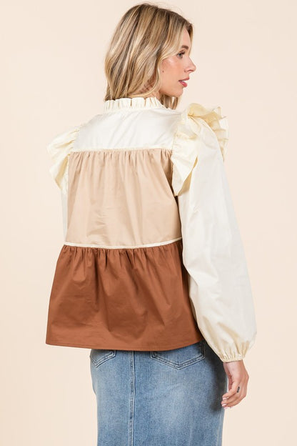 GeeGee Poplin Tiered Color Block Blouse