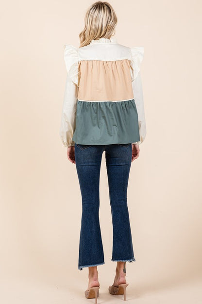 GeeGee Poplin Tiered Color Block Blouse