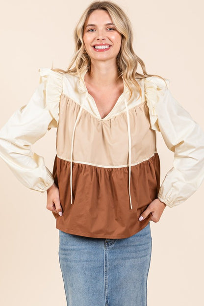 GeeGee Poplin Tiered Color Block Blouse