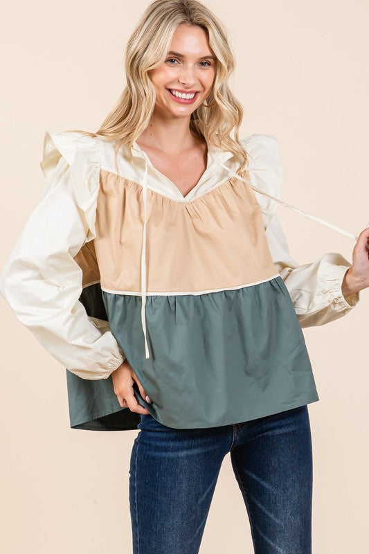 GeeGee Poplin Tiered Color Block Blouse