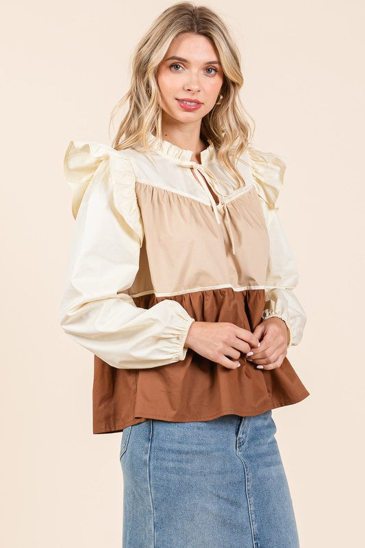 GeeGee Poplin Tiered Color Block Blouse