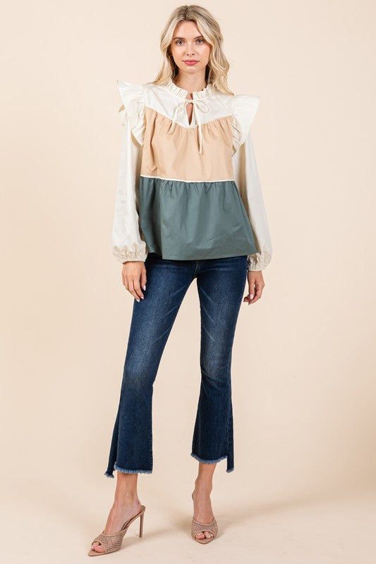 GeeGee Poplin Tiered Color Block Blouse