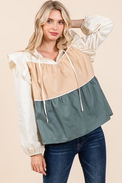 GeeGee Poplin Tiered Color Block Blouse