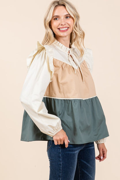 GeeGee Poplin Tiered Color Block Blouse