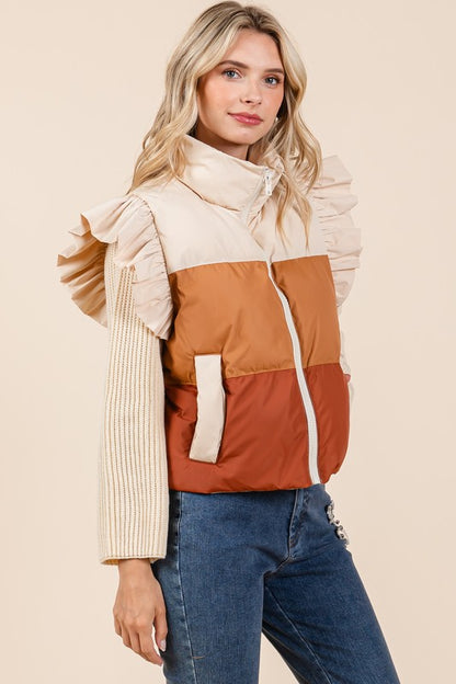 GeeGee Color Block Ruffle Trim Puffer Vest