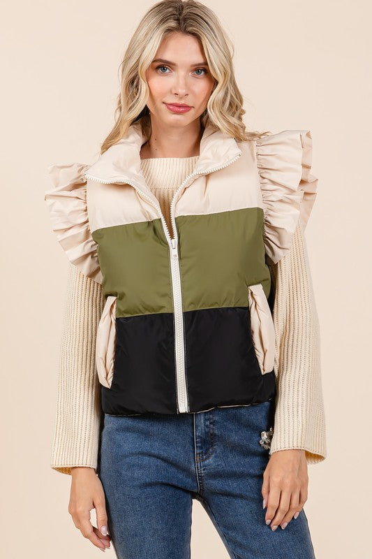 GeeGee Color Block Ruffle Trim Puffer Vest