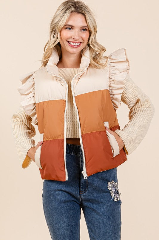 GeeGee Color Block Ruffle Trim Puffer Vest