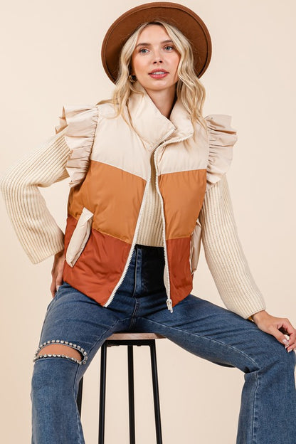 GeeGee Color Block Ruffle Trim Puffer Vest