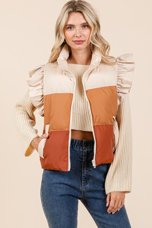 GeeGee Color Block Ruffle Trim Puffer Vest