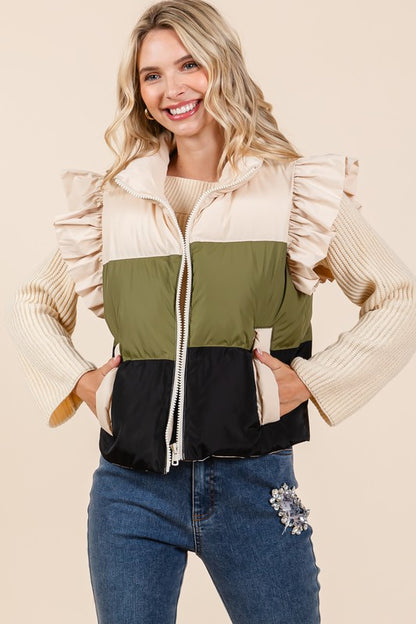 GeeGee Color Block Ruffle Trim Puffer Vest