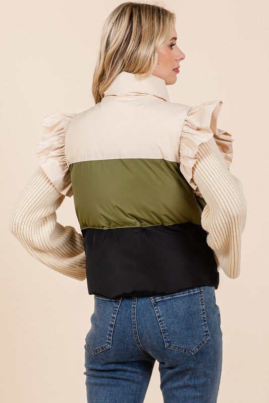 GeeGee Color Block Ruffle Trim Puffer Vest