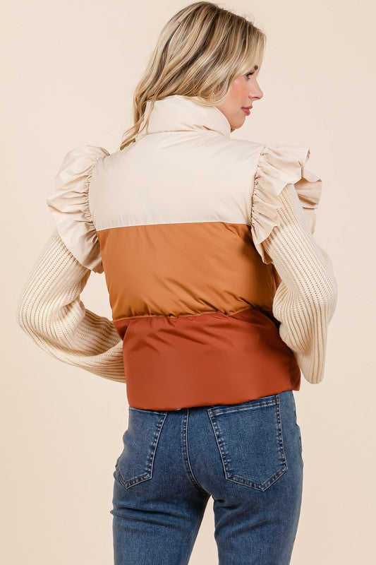 GeeGee Color Block Ruffle Trim Puffer Vest