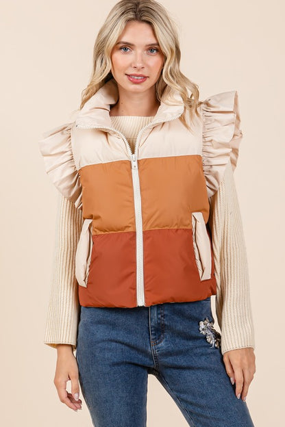 GeeGee Color Block Ruffle Trim Puffer Vest