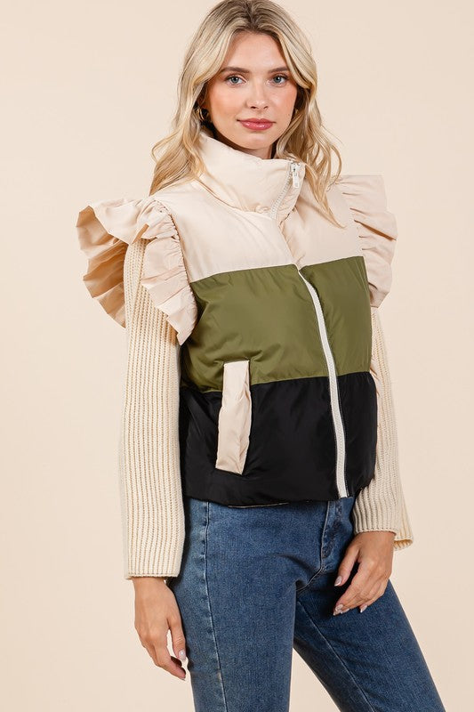 GeeGee Color Block Ruffle Trim Puffer Vest