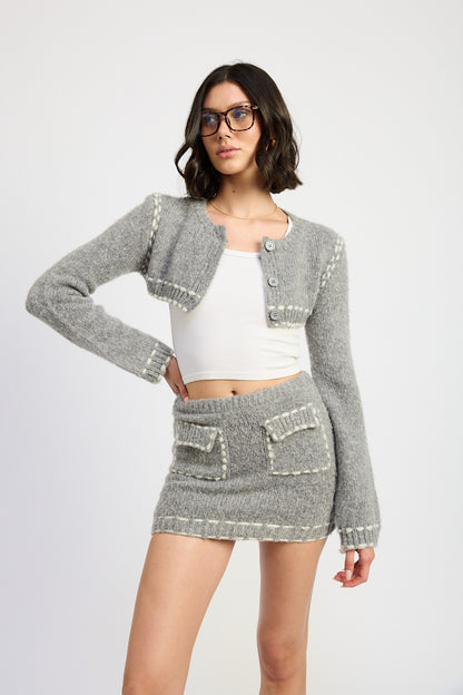 Cropped Bubble Sleeve Cardigan Top with Contrast Stitching