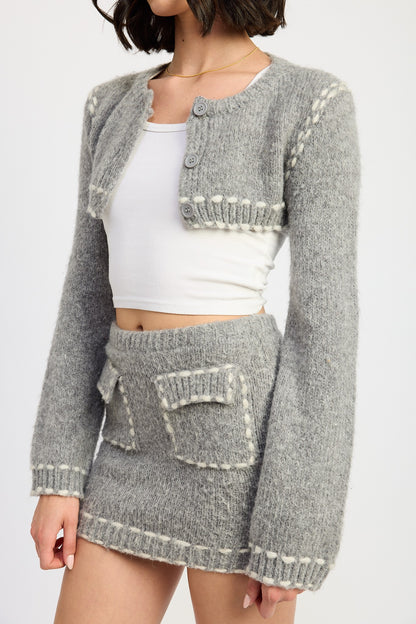 Cropped Bubble Sleeve Cardigan Top with Contrast Stitching