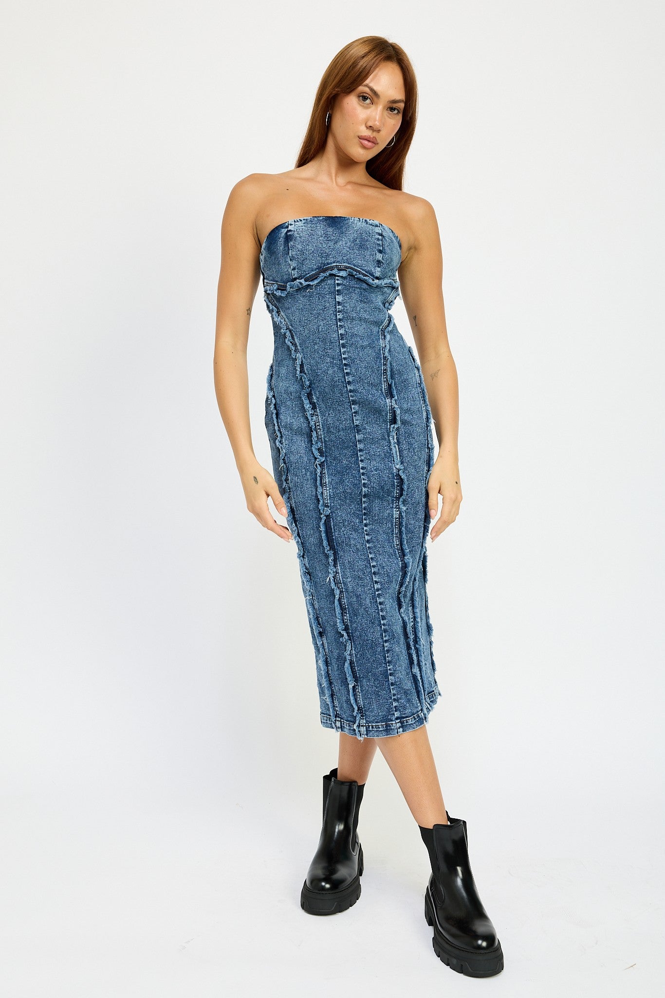 Frayed Seam Denim Tube Dress