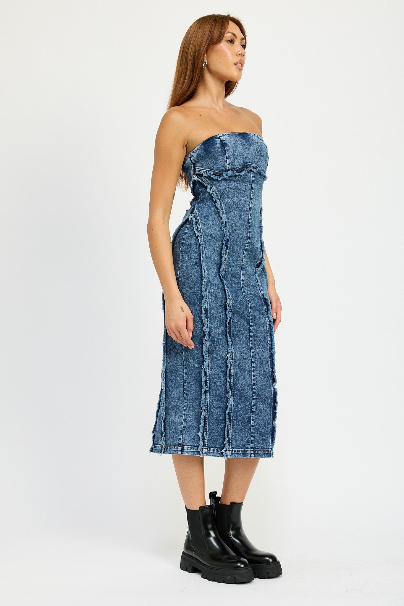 Frayed Seam Denim Tube Dress