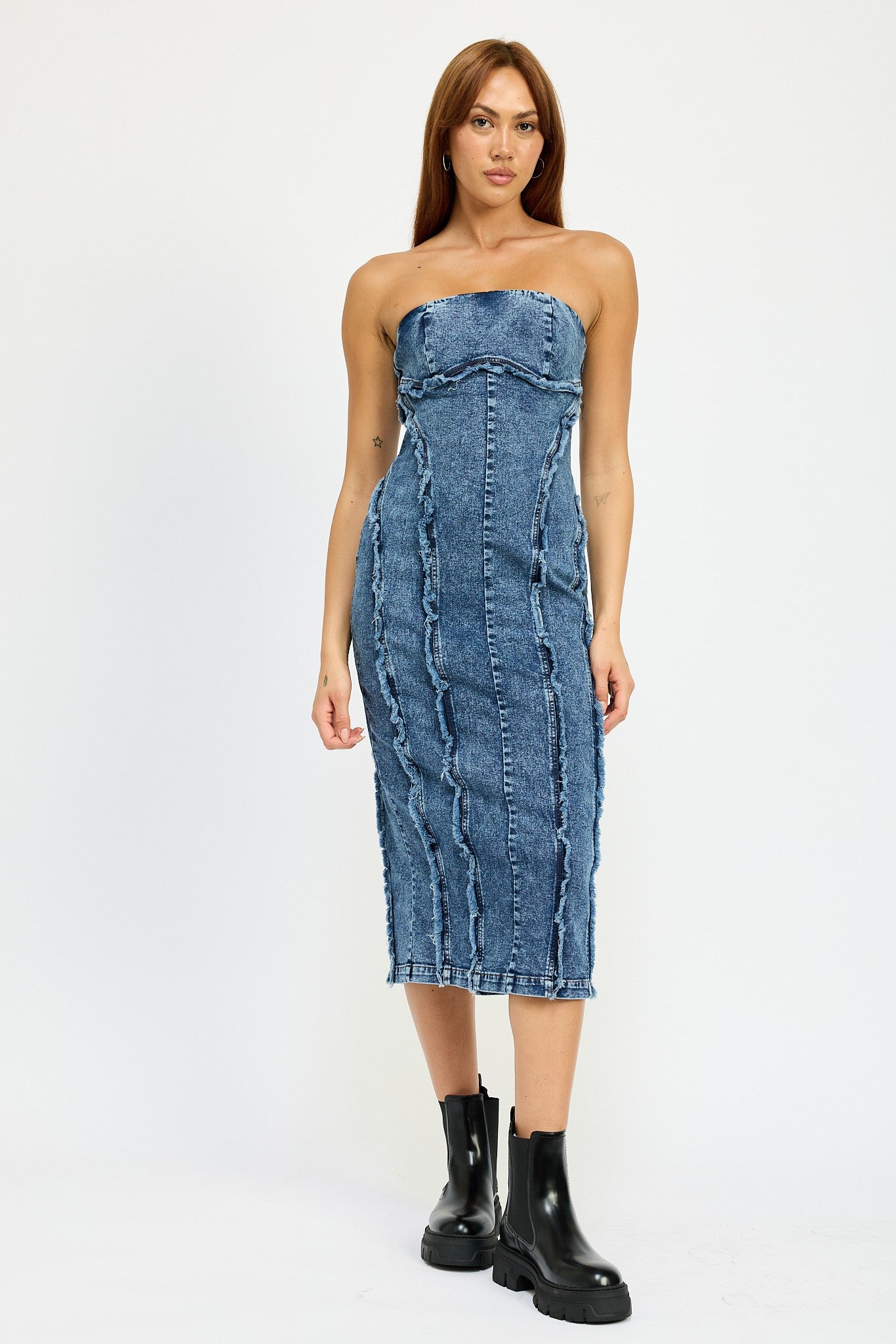 Frayed Seam Denim Tube Dress