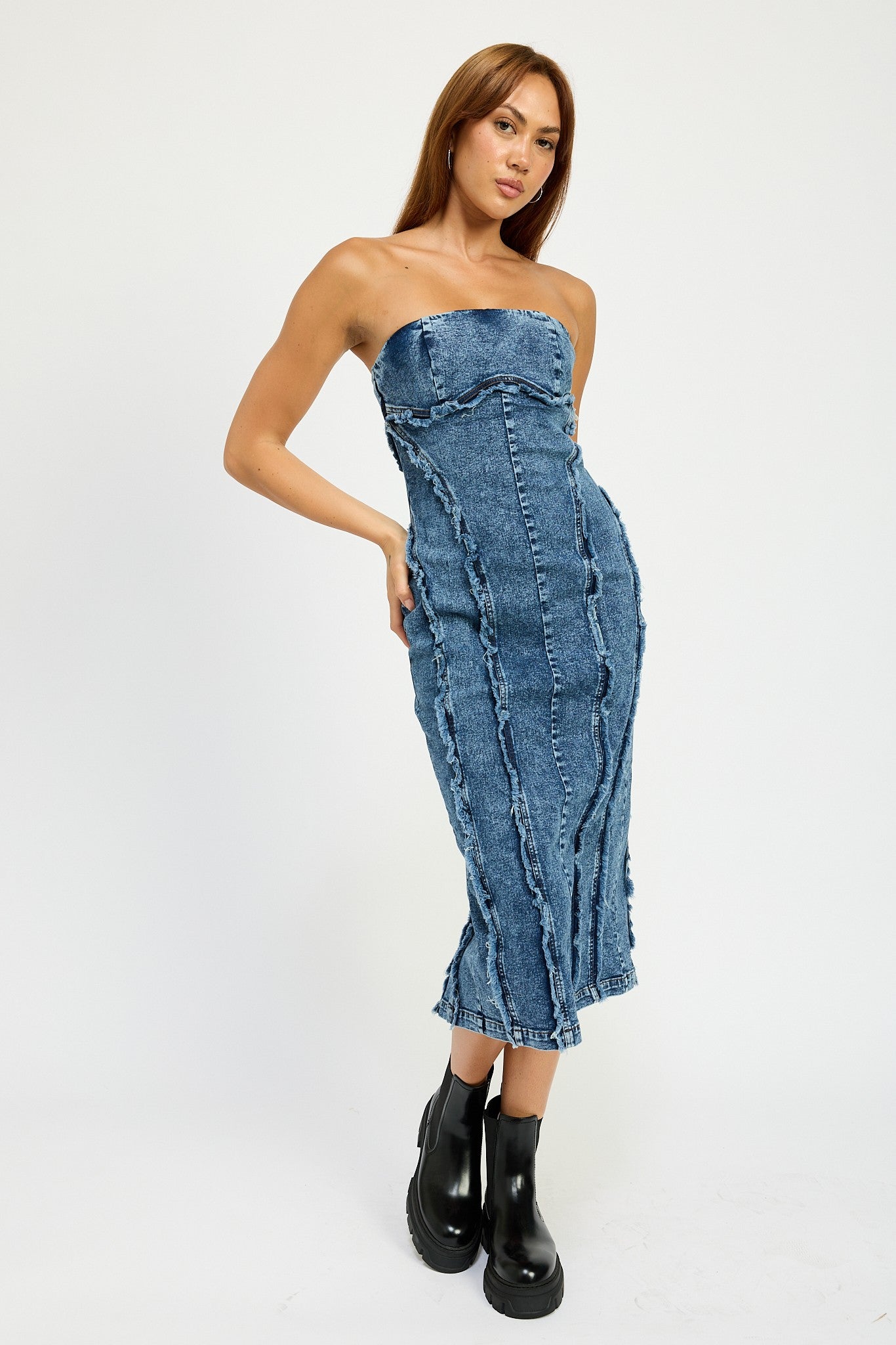 Frayed Seam Denim Tube Dress