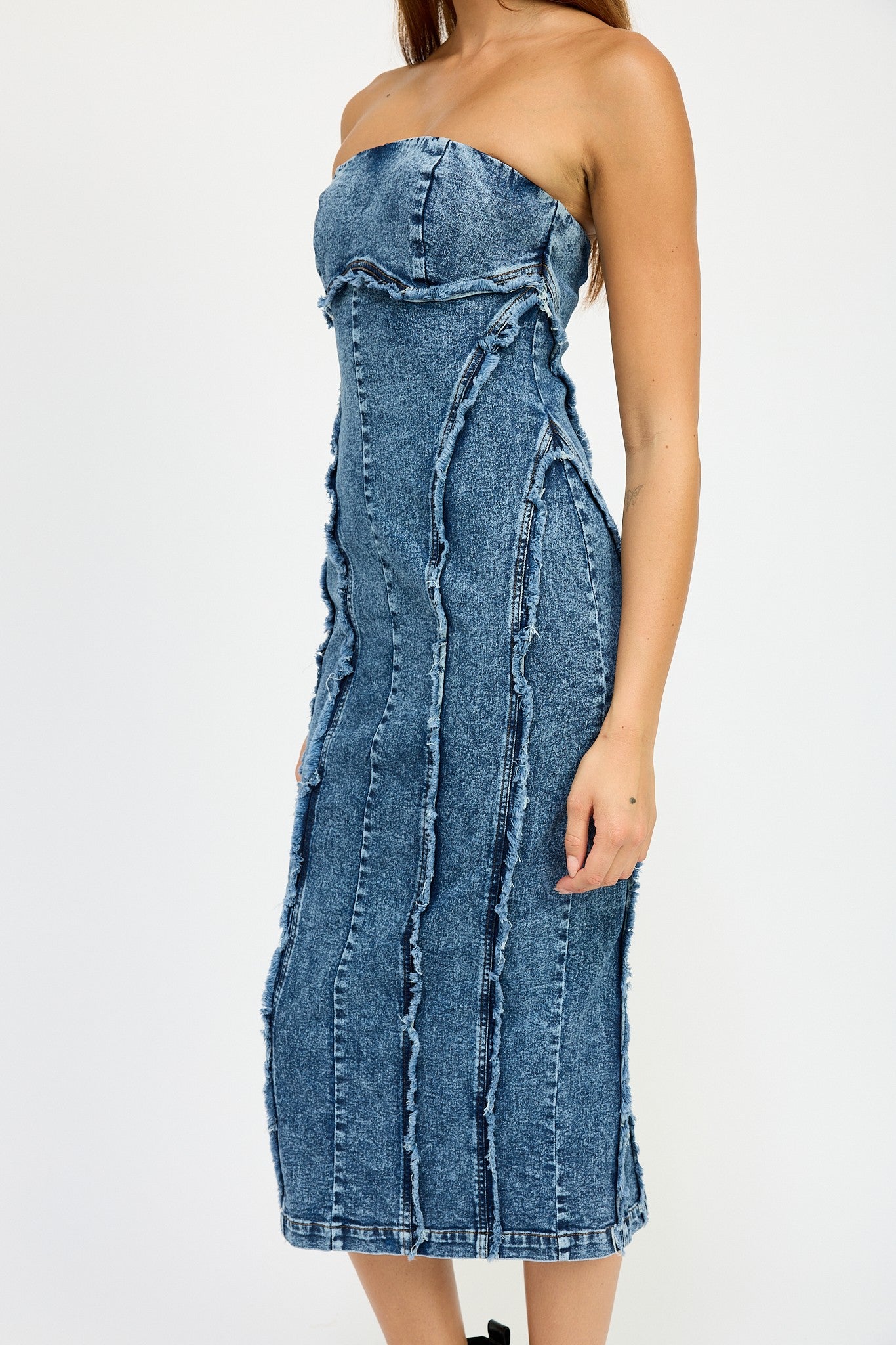 Frayed Seam Denim Tube Dress