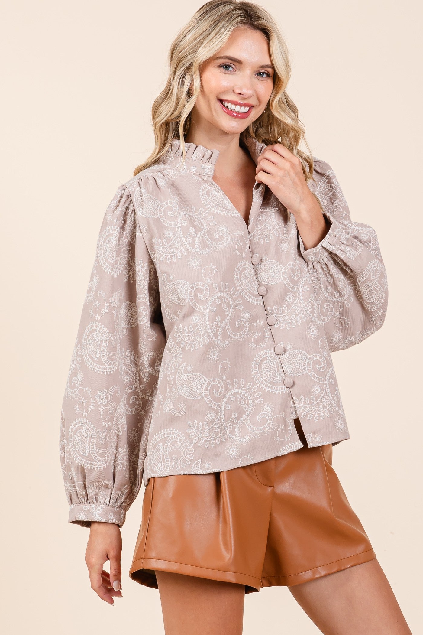 GeeGee Plus Size Paisley Eyelet Laced Blouse