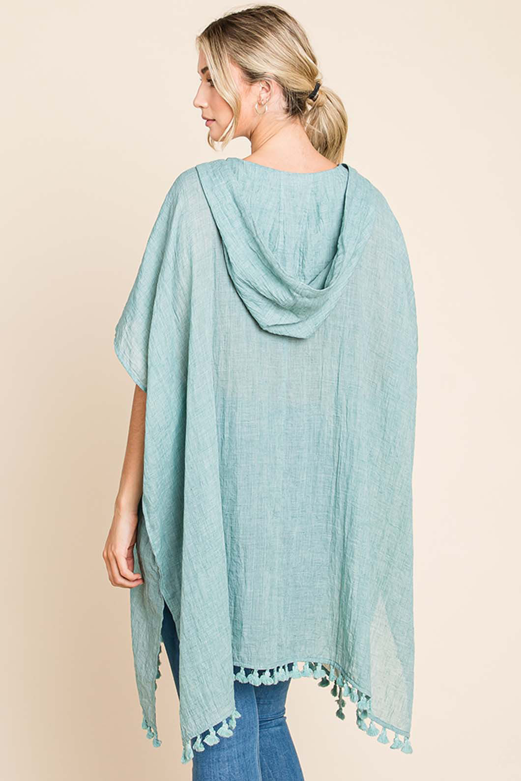 Cotton Bleu Tassel Hem Hooded Cover Up