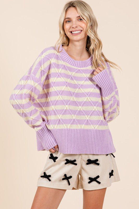 GeeGee Plus Size Striped Argyle Knit Sweater